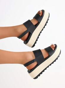 Elegant Open Toe Platform Sandals For Women Slip On Sandals Falt Black Heel Comfy Strapy Fall Dress Shoes Flip Flops Casual Slippers Vacation Walking Beach Outdoor Spring Summer New Fall Fashion Women - Blackwhite - View 2