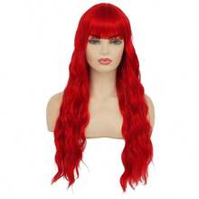 Synthetic Hair BangsRed Long Curly Wavy Wigs For Women With Bangs Natural Synthetic Hair Wig Cosplay Halloween Party Wigs - 紅色 - 查看 2