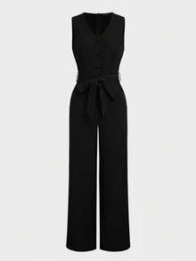 Elegant Basic French Retro High-Waisted Loose Straight-Leg Jumpsuit Pants, Suitable For Business, Commute And Daily Wear - Black - View 8