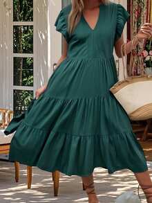 Women's V Neck Midi Dress Ruffled Sleeve Solid Color Tiered A Line Casual Dress - Army Green - View 2