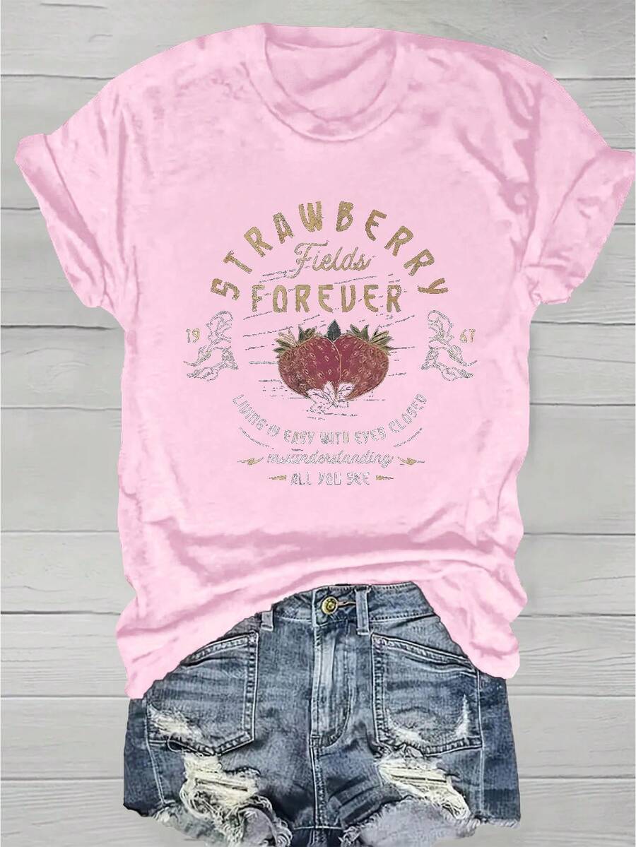 Strawberry Print Crew Neck T-Shirt - Fashionable Womens Graphic Print T-Shirt - Casual Short Sleeve Crew Neck Top - Lightweight & Breathable For Spring & Summer Wardrobe, Polyester, 1 Piece, 200g - 粉紅色 - 查看 1