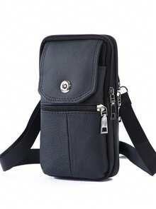 Genuine Leather Cowhide Men's Waist Bag, Multi-Functional Zippered Phone Pouch With Adjustable Strap And Spacious Compartments For Work & Daily Use, Casual Style Top Layer Leather Fanny Pack - Black - View 1