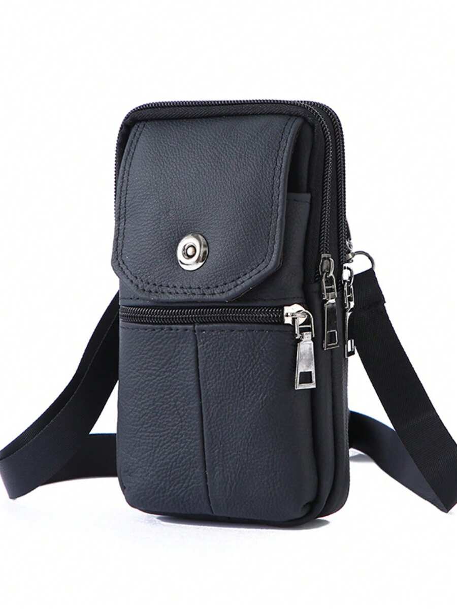 Genuine Leather Cowhide Men's Waist Bag, Multi-Functional Zippered Phone Pouch With Adjustable Strap And Spacious Compartments For Work & Daily Use, Casual Style Top Layer Leather Fanny Pack - Black - View 1