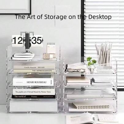 3件套桌面收纳盒，A4文件架，透明整理架，适用于办公室、学生书桌，坚固耐用，优雅装饰玄关、办公室