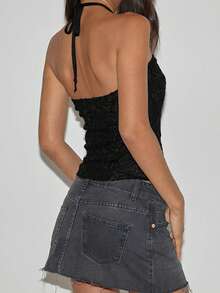 Womens Floral Halter Tank Tops Summer Sequin Slim Fit Backless Sleeveless Crop Vest - Black - View 4