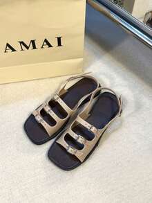 2025 Summer New Khaki Low-Top Women's Sandals, Multi-Strap Buckle Closure, Retro French Chic Beach Shoes, Soft Flat Roman Sandals, Fashionable Party Slippers, Comfortable Casual Home Shoes, Suitable For Christmas, Parties, Festivals (Run Small By 1 Size) - Khaki - View 5