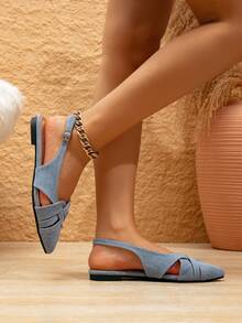 Women's Pointed Toe Slip-On Sandals, Versatile French Style Suitable For Dresses, European & American Hollow Flat Low Heel Blue Sandals, Spring/Summer