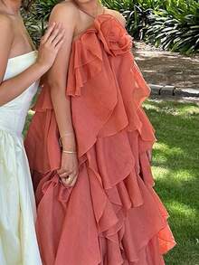 Women Summer Sleeveless Dress 3D Flowers Irregular Ruffles Backless Party Dress For Vacation Cocktail Beach Streetwear - trái cam - Xem 2