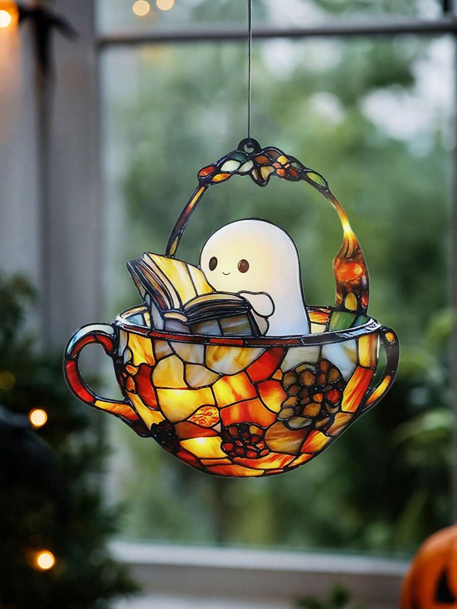 1pc Acrylic Ghost Decor, Cute Ghost Reading Figurine, Tea Cup Ghost Window Decor, Book Lover Gift, Spooky Bathroom Decoration (Please Remove The Protective Film Before Use, This Product Is Made Of Acrylic, Not Glass)