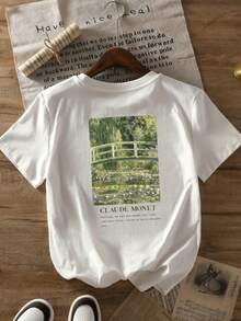 Camiseta Casual de Manga Corta para Mujer con Estampado Floral y Puente Arqueado - Inspirada en Claude Monet, Cuello Redondo Transpirable, Blusa Blanca Lavable a Máquina para Atuendo casual, Diseño Impresionista, Cómoda para Verano - Blanco - Ver 3