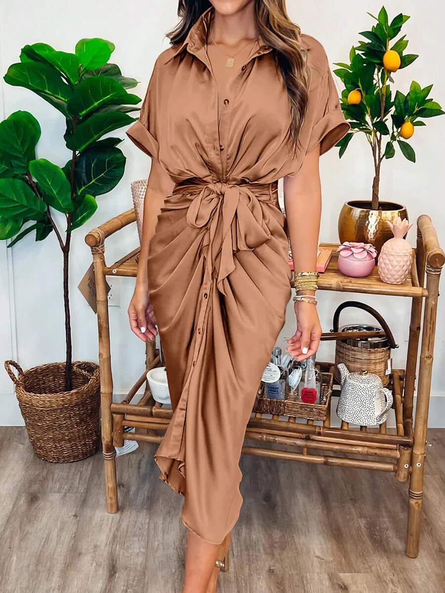 Women's Satin SIlky Button Down Ruched Shirt Dresses Short Sleeve Lapel V-Neck Belted Dress Elegant Spring Summer Wedding Evening Valentine Long Midi Dress - Màu kaki đỏ nhạt - Xem 1