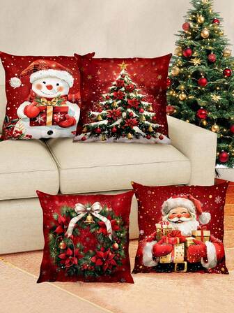 4 fundas decorativas de almohada con diseños de muñeco de nieve, Papá Noel, árbol de Navidad y corona, de 45*45cm, para decoración navideña interior y exterior, sala de estar y dormitorio (sin relleno de almohada)