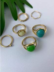 6pcs/Set Vintage Creative Personalized Geometric Faux Jade Stone Rings Set