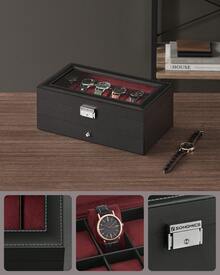 Watch Box, Watch Case With Glass Lid, 2-Tier Watch Display Case For 12 Watches, Lockable, 1 Drawer, For Rings, Bracelets, Gift Idea, Black Synthetic Leather, Wine Red Lining Back To School Dormitory Storage - Black + Wine Red - View 2