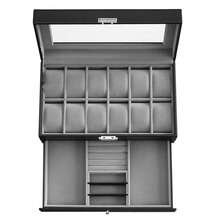 Watch Box, Watch Case With Glass Lid, 2-Tier Watch Display Case For 12 Watches, Lockable, 1 Drawer, For Rings, Bracelets, Gift Idea, Black Coating And Grey Lining - Black + Grey - View 7