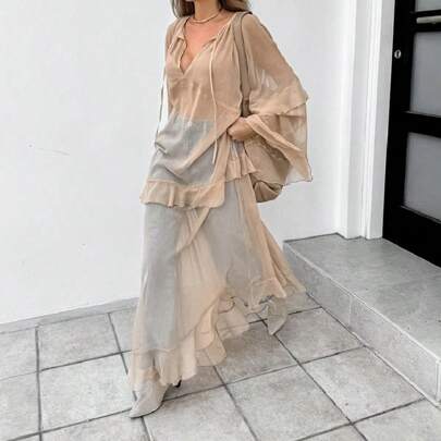 Women Sheer V Neck Ruffle Hem Long Dress Cover Up See Through Flowy Casual Long Sleeve Layered Vacation Beach Coverups Sundress