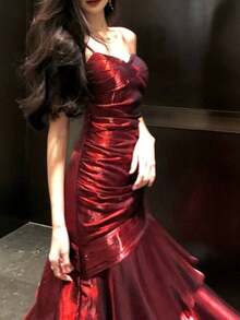 优雅复古修身紧身派对礼服，酒红色细肩带，适合生日、宴会、舞会、春季婚礼等场合。 - 酒紅色 - 查看 8