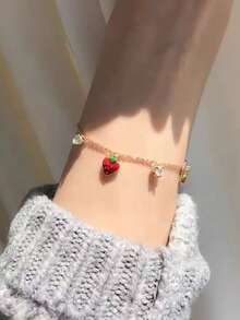 Pulsera de corazón, fresa y cereza con perlas falsas, ideal para el Día de San Valentín - Pulsera de Perlas Love Fresa Cereza - Ver 10