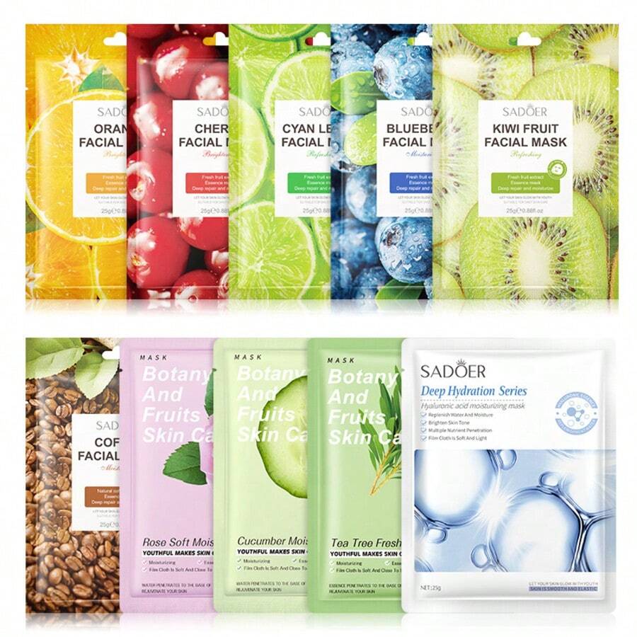 10pcs Sheet Mask Set – Orange, Cherry, Kiwi, Coffee, Cucumber, Tea Tree, Hyaluronic Acid | Moisturizing & Soothing - Multicolor - View 1