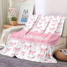 Personalized Pink Bow Anime Theme Flannel Blanket, Custom Name Soft Cozy Throw, Tear Resistant, Machine Washable, Digital Print, Polyester, All Seasons, 280gsm - Ideal For Couch, Bed, Camping & Travel,For Mother's Day,For Birthdays,For Father's Day,For Graduation,For Weddings,For Christmas,For Housewarming Sofa,Bed,Car,Bedroom,Living Room Washable,Lightweight,Breathable,Durable Cozy,Comfortable,Warm,Soft,Simple Custom,Personalized Ideal Gifts For Him,Ideal Gifts For Her
