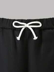 宽松高腰阔腿裤，适合青春期女孩，配有侧丝带和反光绳，适合春夏秋季日常穿着、外出和户外活动（腰部有蝴蝶结绳，无弹性）