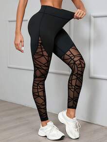 High Waist Geometric Mesh Patchwork Leggings, Slimming Yoga Fitness Workout Pants, Sexy Skinny Ankle Length Trousers