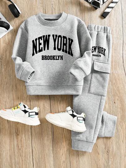 青少年男孩字母图案印花圆领运动衫和运动裤套装