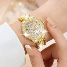 Set ceas de damă, ceas elegant cu cuarț și set de bijuterii, ceas la modă cu cadran rotund, colier cu strasuri, cercei, inel, brățară, potrivit pentru purtare zilnică, cadou de ziua de naștere, petrecere, reuniune de sărbători, de asemenea, un cadou ideal pentru tine sau pentru prieteni. Nu include cutie cadou. - Aur - Vizualizare 6