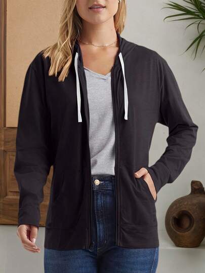 Moletom feminino plus size casual com zíper e cordão e bolsos