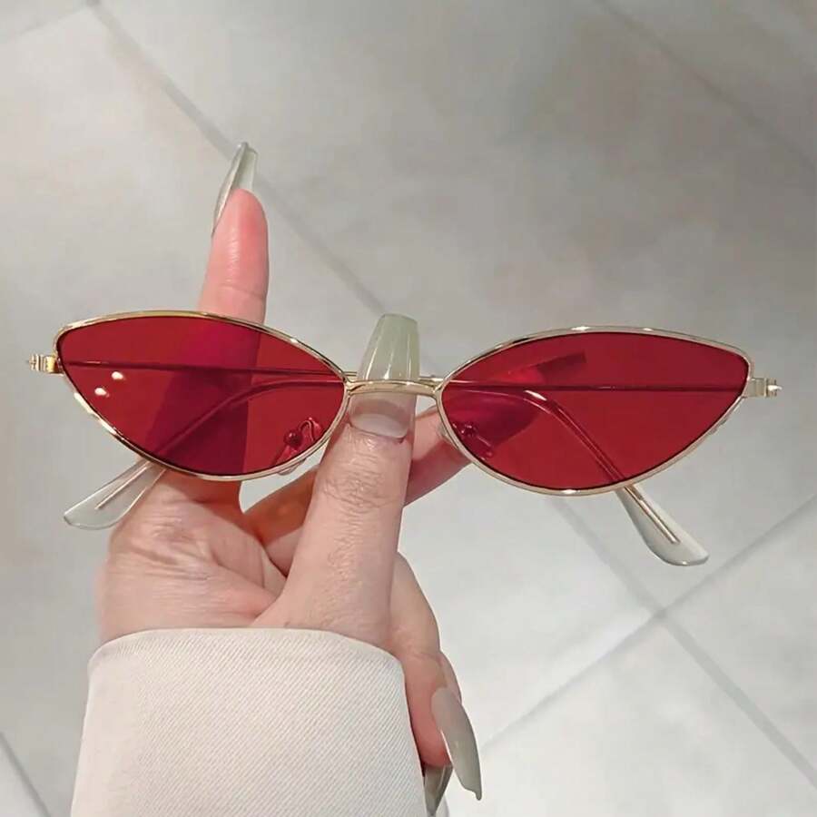 Pair Of New Women Cat Eye Style Fashion Glasses, Small Metal Frame,  Candy Color Lens, Men Vacation Accessories - 銀粉色 - 查看 1