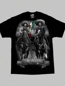 [100% Cotton Men's T-Shirt] 100% Cotton Men's Graphic T-Shirt | Pancho Villa Revolution Mexico Chicano Art, Round Neck, Short Sleeve, Vibrant Historical Print, Comfortable & Breathable For All Seasons, Mexican T Shirt Back To School Halloween Vintage Shirts Graphic Tees Men Camisas Para Hombre Funny Shirts Printed & Shipped In USA - 黑色 - 查看 1