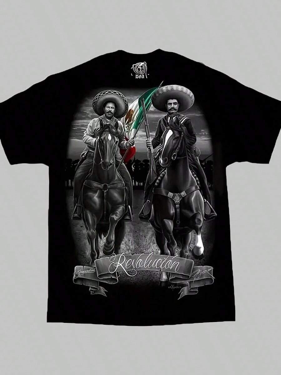 [100% Cotton Men's T-Shirt] 100% Cotton Men's Graphic T-Shirt | Pancho Villa Revolution Mexico Chicano Art, Round Neck, Short Sleeve, Vibrant Historical Print, Comfortable & Breathable For All Seasons, Mexican T Shirt Back To School Halloween Vintage Shirts Graphic Tees Men Camisas Para Hombre Funny Shirts Printed & Shipped In USA - 黑色 - 查看 1