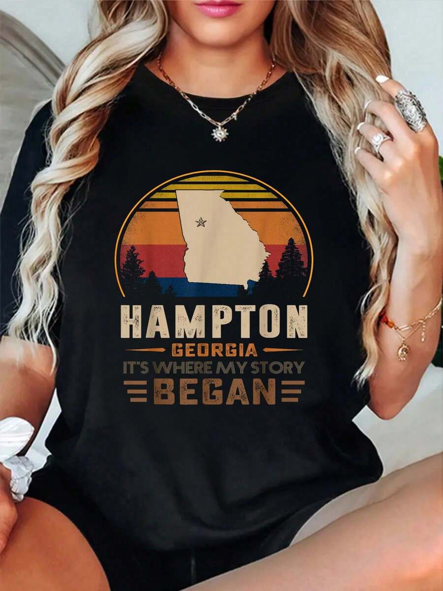 Vintage Hampton Georgia Hometown My Story Began T-Shirt Print T-Shirt, Short Sleeve Round Neck Casual Top For Summer & Spring, Women's Clothing