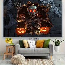 2D 1pc Halloween Backdrop - Glowing Pumpkin Lantern & Red-Eyed Skull, No Power Source, Easy Hanging Party Decor, Suitable For Haunted House, Photo Booth, Classroom, Home - Durable Polyester Material, Scary Spider Web Design, 2D Flat Pattern, Halloween Accessory