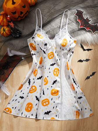 New Halloween Women's Sexy Lingerie, V-Neck Adjustable Straps Slit Backless Dress, Bat & Pumpkin Head Pattern Bow Decoration Lace Patchwork Comfortable Nightgown