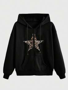 Hanorac cu glugă pentru femei, stil casual, stil stradal, cu imprimeu vintage cu stele și leopard, potrivit pentru toamnă/iarnă