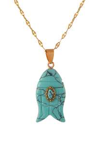 1pc Minimalist Elegant Natural Stone Inlaid Faux Turquoise Titanium Steel Necklace, Boho Style, 18K Gold Plated, Fashionable Women's Jewelry, Suitable For Daily Wear, Vacation, Party, Music Festival, Celebration And Holiday, Delicate And Simple Accessory Gift. (Natural Stone May Have Slight Color Difference.)