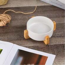 Ceramic Cat Dog Bowl Dish With Wood Stand No Spill Pet Food Water Feeder Cats Small Dogs