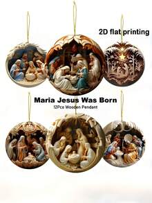 12件/1件 耶稣诞生场景装饰品，2D平面印刷圣诞耶稣主题圆形木质挂牌套装，圣诞树节日装饰，经典圣母玛利亚和耶稣诞生图案，适合新年、圣诞节、感恩节和其他纪念日装饰客厅和教堂，适合作为精美的家庭礼物赠送朋友，2D平面木质，冬日仙境装饰家居派对 - 彩色 - 查看 2