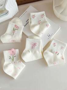 1/5双装女士纯色蝴蝶结郁金香花图案短袜，时尚简约休闲舒适，适合日常穿着、旅行、派对搭配，四季皆宜，圣诞礼物佳选。