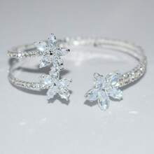 1 chiếc vòng tay hở nhiều lớp đính đá Cubic Zirconia họa tiết hoa thời trang, thích hợp cho phụ nữ đeo hàng ngày - Bạc - Xem 3