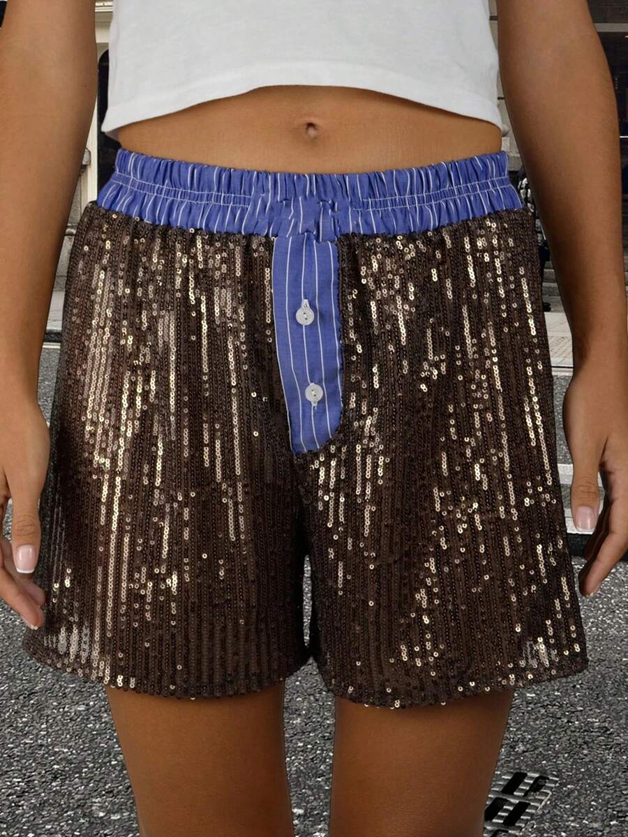 Women's Pajama Shorts Sparkly Sequined Striped Trim Low Rise Sleep Shorts For Summer - Brown - View 1