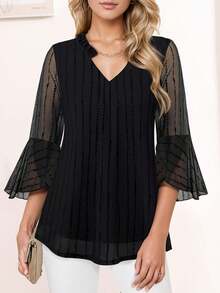 CheersLife Women's Fashion Double-Layer Mesh Blouse, 3/4 Ruffle Flare Sleeve Shirt - Black - View 2