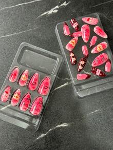 24片Y2K甜美字母设计杏仁形可爱卡通樱桃蝴蝶结假指甲+1瓶果冻胶+1把指甲锉，高品质，适合音乐节美甲用品 - 彩色 - 查看 4