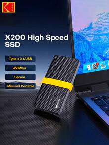 Kodak X200 1TB 2TB External SSD Type-C Hard Drive Flash USB3.2 450Mb/S Portable SSD 128GB 256GB 512GB Mini PSSD For Laptop Desktop Mobile - Black - View 4