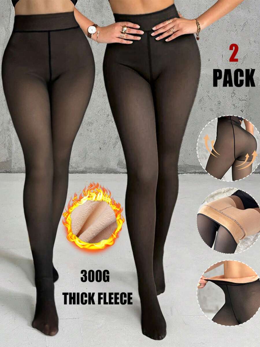 2条装女士超厚加绒高腰修身半透明紧身裤/打底裤，冬季日常保暖 - 黑色