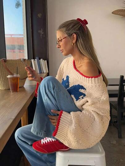 Ropa de otoño para mujer Suéter de manga larga con bordado de peces de talla grande para mujer, suéter hombros descubiertos, sencillo, lindo y versátil, adecuado para uso diario, ir al trabajo, compras, suéter navideño