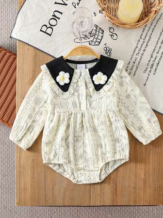 Baby Girls' Casual Cute Floral Print Pleated Fabric Decorative Lapel Waisted Long Sleeve Bodysuit, Autumn