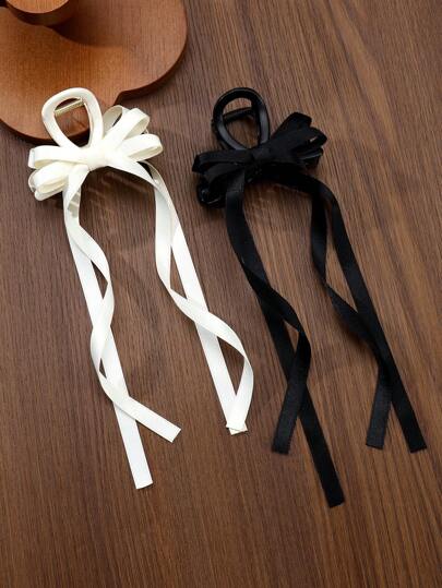 2 件女士纯色双层蝴蝶结发夹，适合日常使用发饰时尚爪夹女士发夹休闲发夹秋季配饰秋季时尚发夹冬季度假装女士