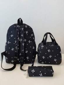 3pcs Nylon Bow Print Backpack Set, Foldable Multi-Pocket Large Capacity Waterproof Zipper Backpack, Suitable For Teenagers, High School Students, College Students, Ladies Daily Commute And Travel, Valentine's Day Gift - Black - View 3